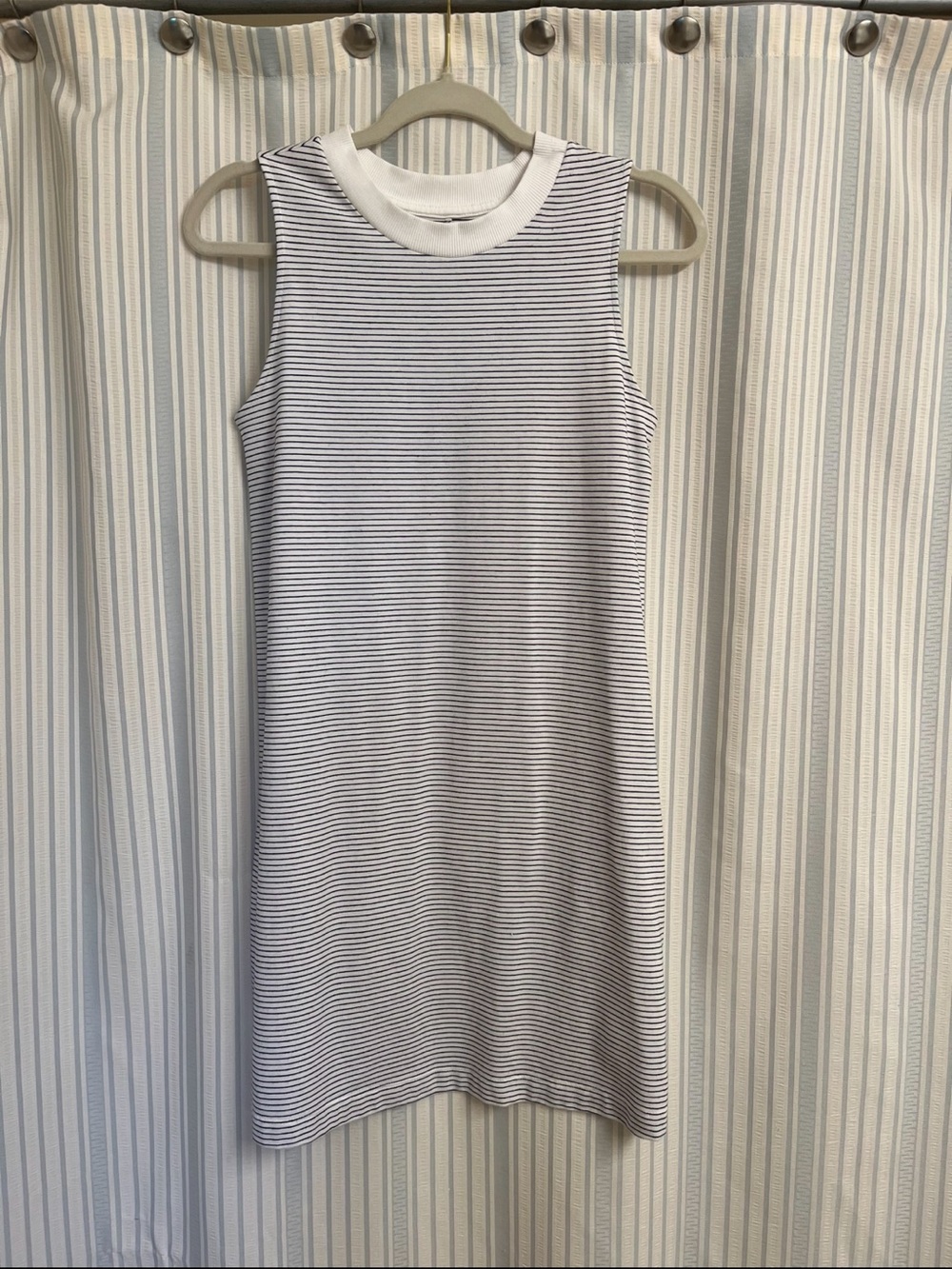 Sleeveless Striped Knit Shift Dress in White and Blue